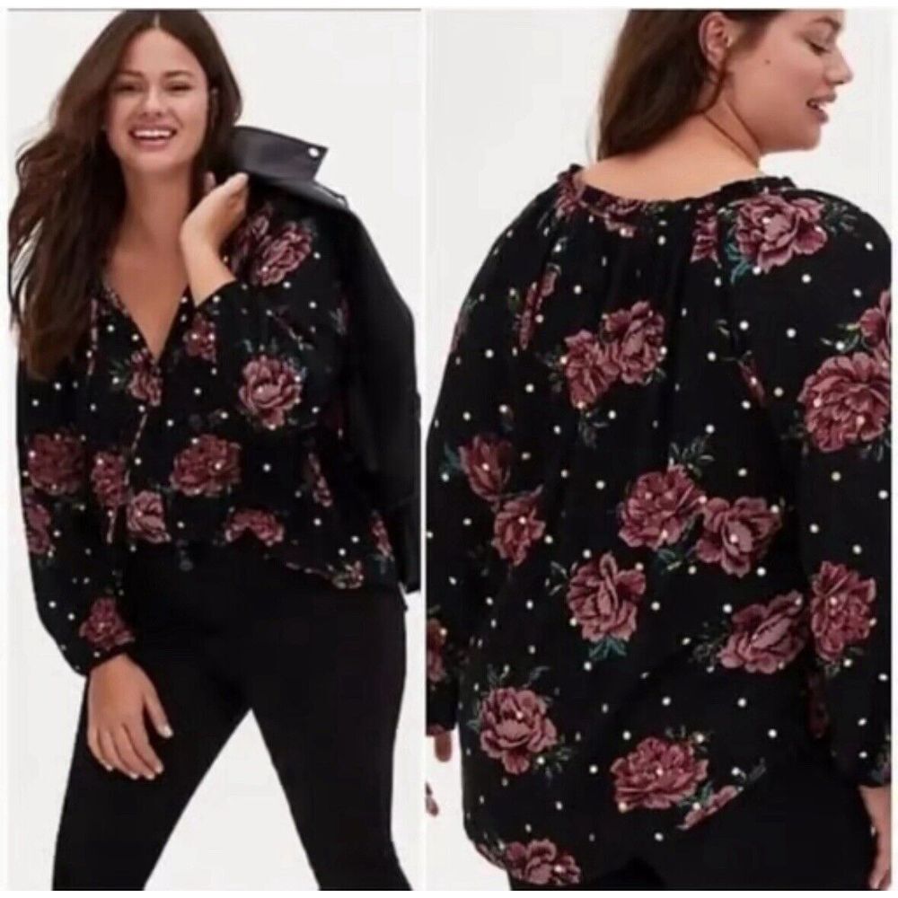 Torrid Plus Womens 1X Floral Gold Dot Black Blouse Top Romantic Button Front EUC